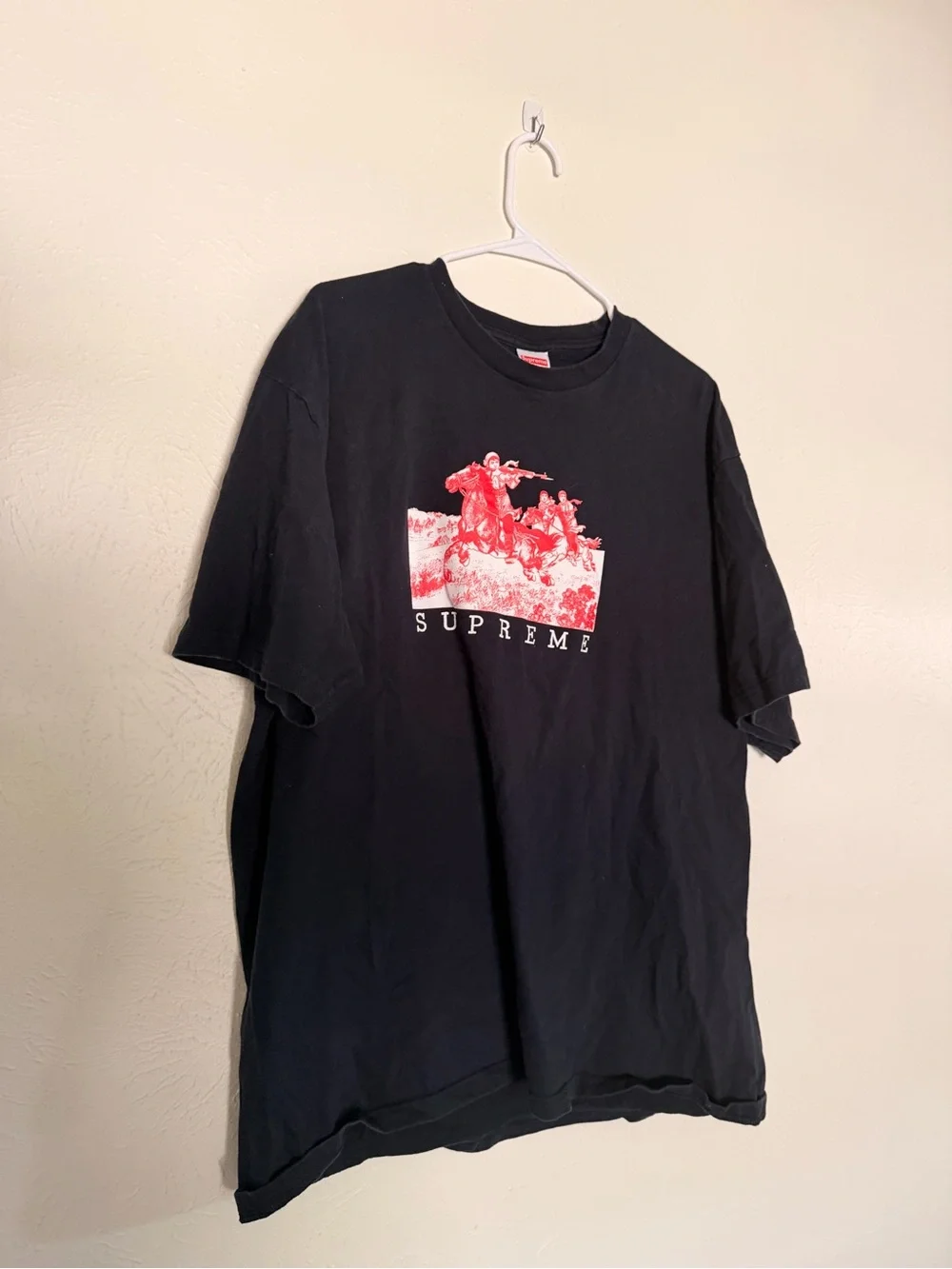 Supreme Black Tee with Red Graphic Cavalry Print
